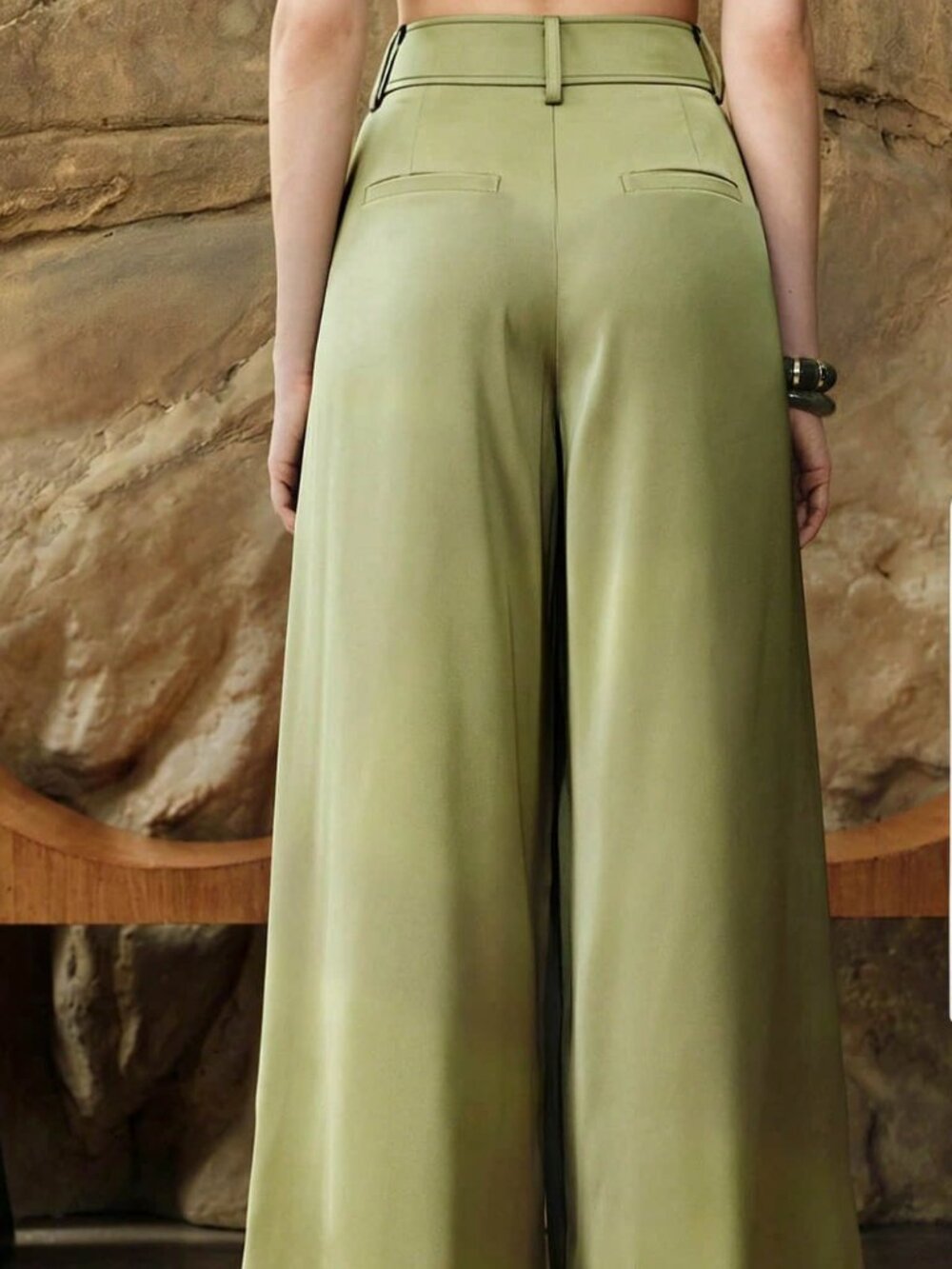 Olive Green Elegant Satin Wide-Leg Women's High-Waisted Office Pants - Picture 3 of 7